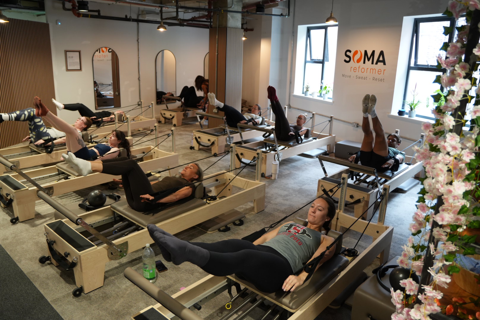 Reformer Pilates session in a bright Soma Club Durham studio